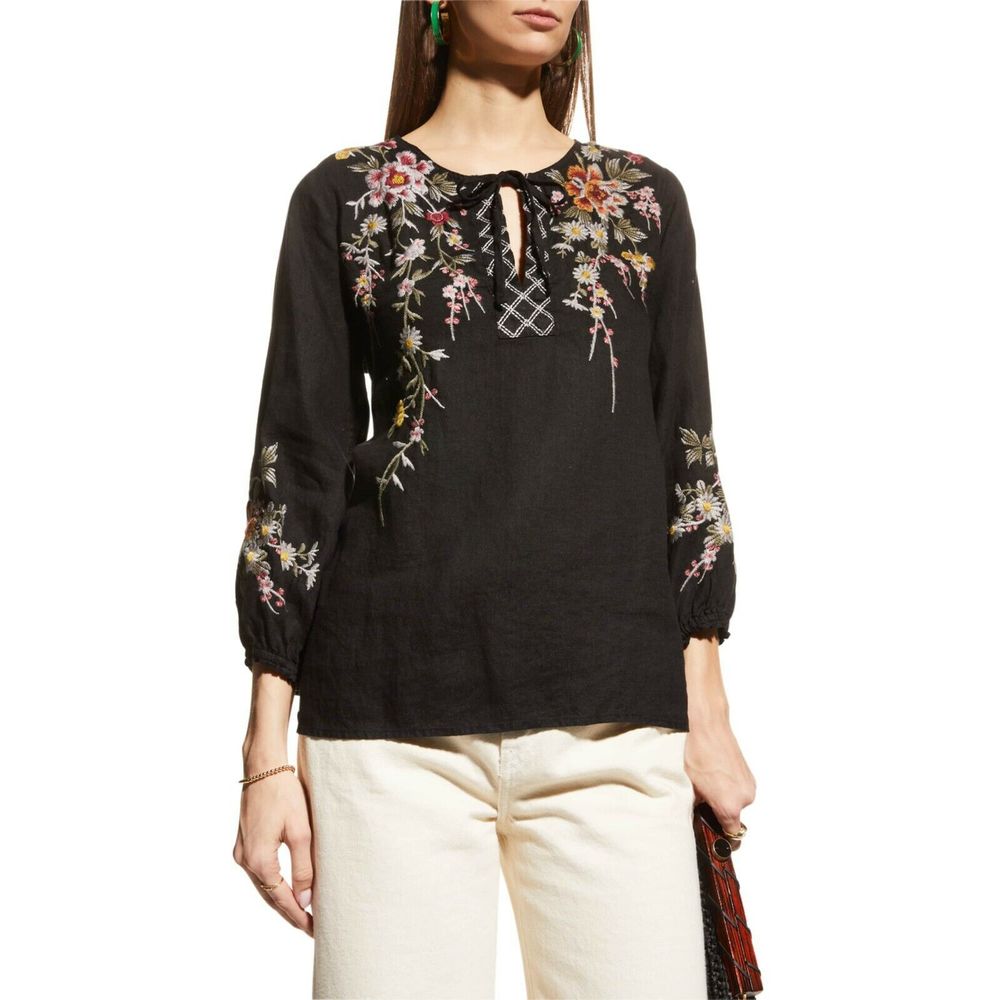Johnny Was Acacia 3/4 Split Neck Linen Top Shirt Blouse Black Embroidered NEW